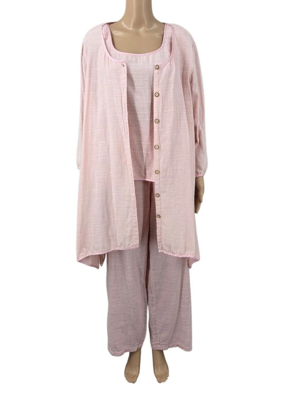 Kleen Comb Cotton Women’s Wide-Leg Pink Button-Trim Pants Tank Top Jacket Set